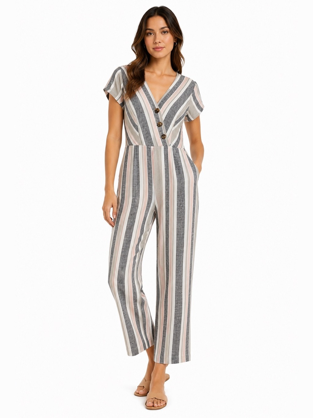 Urban Outfitters UO Karen Surplice V-Neck Linen Blend Stripe Jumpsuit S